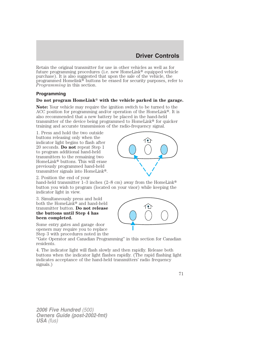 Programming, Driver controls | FORD 2006 Five Hundred v.2 User Manual | Page 71 / 280