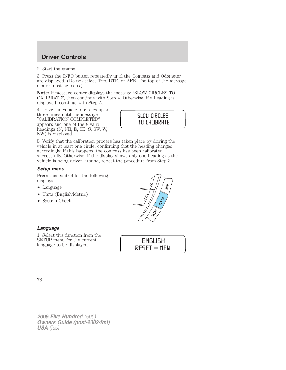 Setup menu, Language, Driver controls | FORD 2006 Five Hundred v.2 User Manual | Page 78 / 280