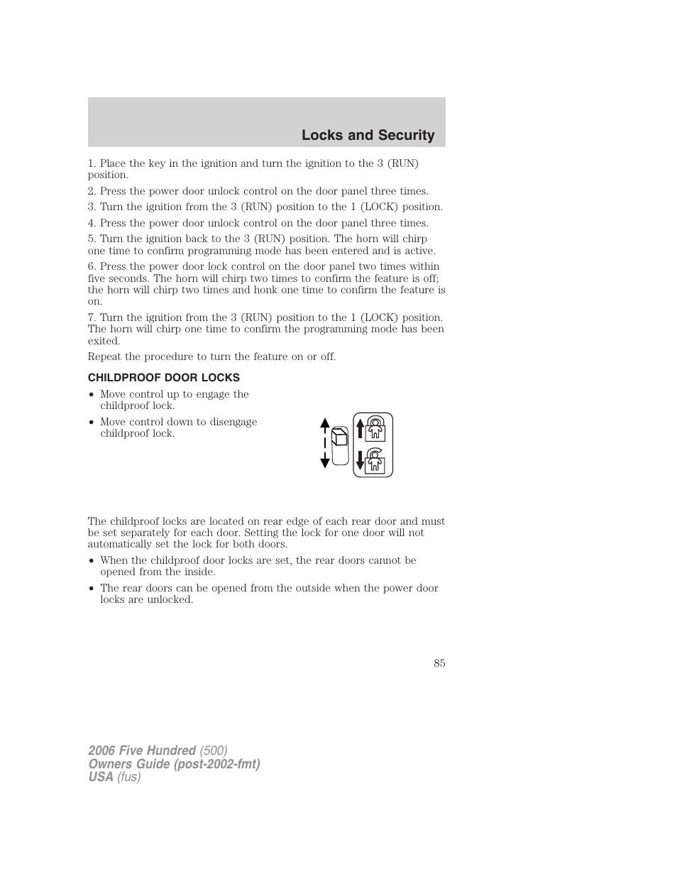 Childproof door locks, Locks and security | FORD 2006 Five Hundred v.2 User Manual | Page 85 / 280