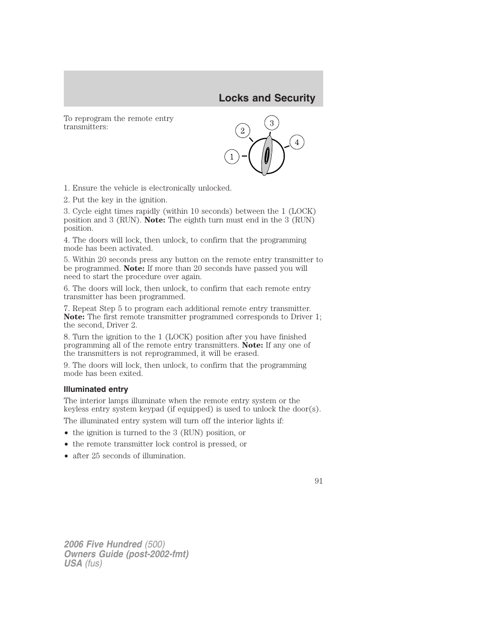 Illuminated entry, Locks and security | FORD 2006 Five Hundred v.2 User Manual | Page 91 / 280