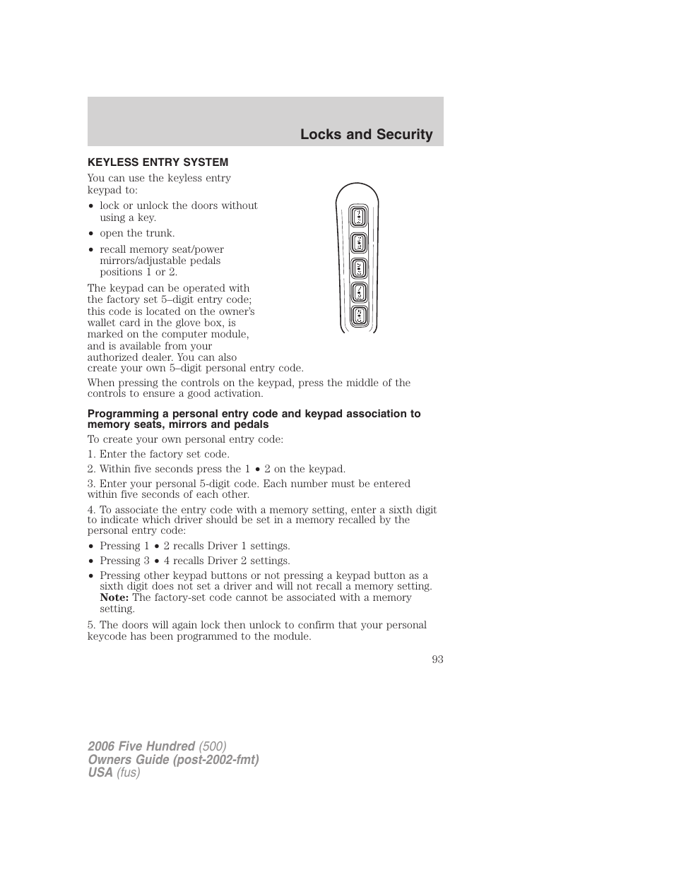 Keyless entry system, Locks and security | FORD 2006 Five Hundred v.2 User Manual | Page 93 / 280