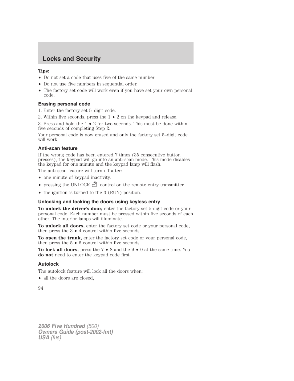 Erasing personal code, Anti-scan feature, Autolock | Locks and security | FORD 2006 Five Hundred v.2 User Manual | Page 94 / 280