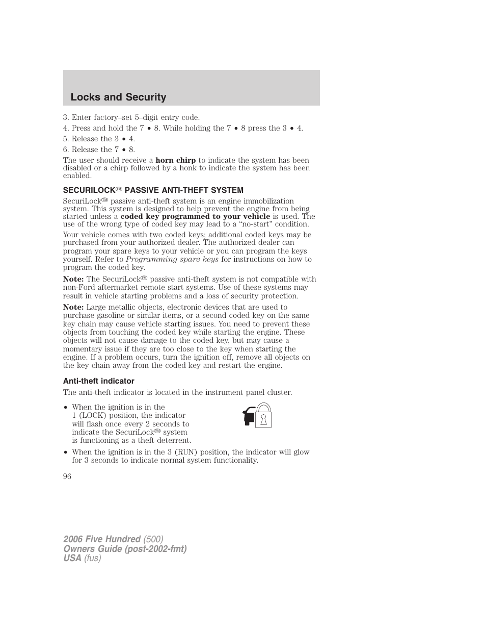 Securilock passive anti-theft system, Anti-theft indicator, Anti-theft system | Locks and security | FORD 2006 Five Hundred v.2 User Manual | Page 96 / 280