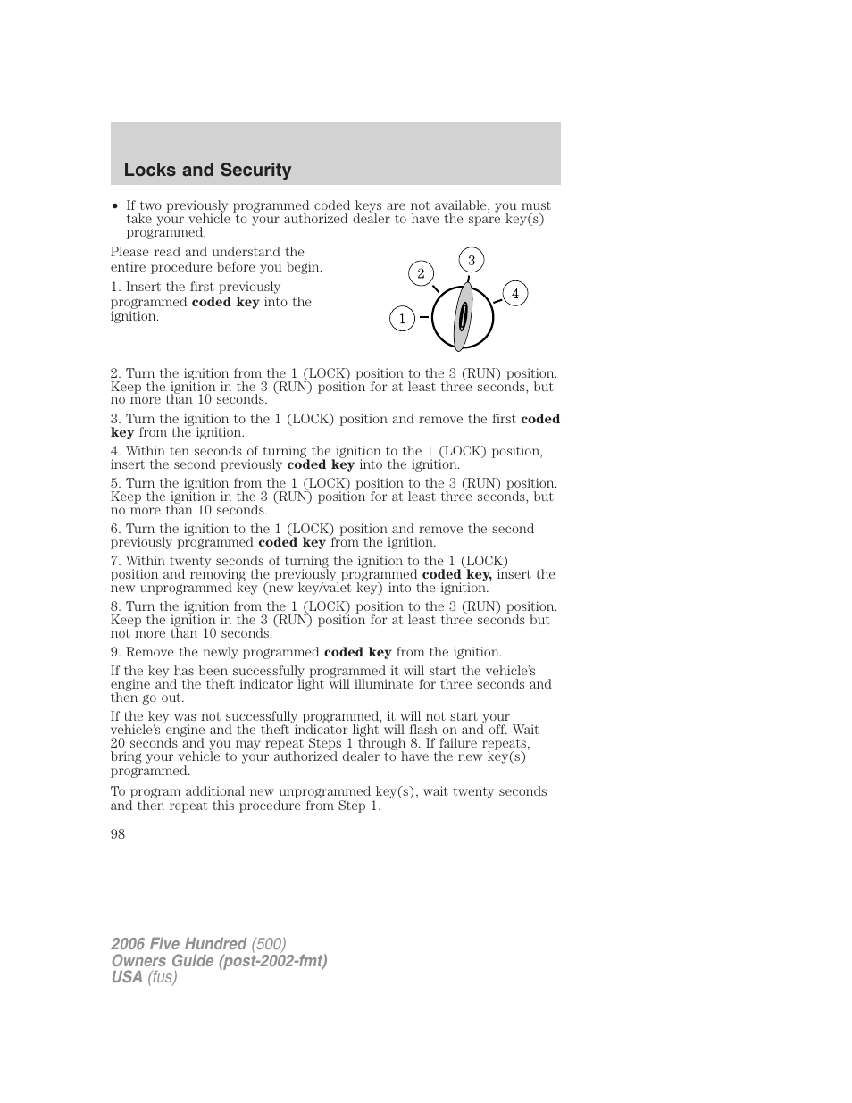 Locks and security | FORD 2006 Five Hundred v.2 User Manual | Page 98 / 280