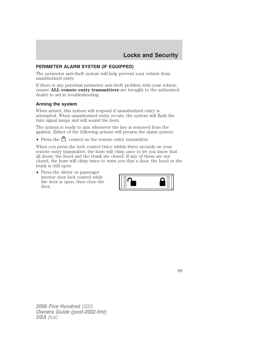 Perimeter alarm system (if equipped), Arming the system, Locks and security | FORD 2006 Five Hundred v.2 User Manual | Page 99 / 280