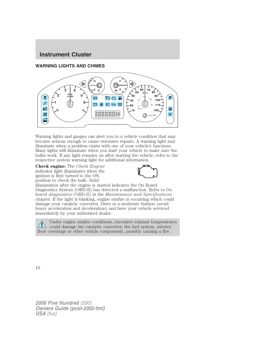 Instrument cluster, Warning lights and chimes | FORD 2006 Five Hundred v.3 User Manual | Page 10 / 280