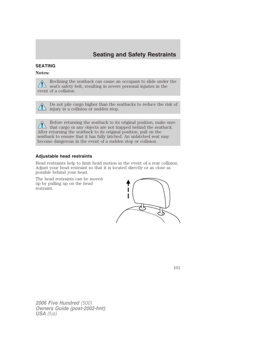 Seating and safety restraints, Seating, Adjustable head restraints | FORD 2006 Five Hundred v.3 User Manual | Page 101 / 280
