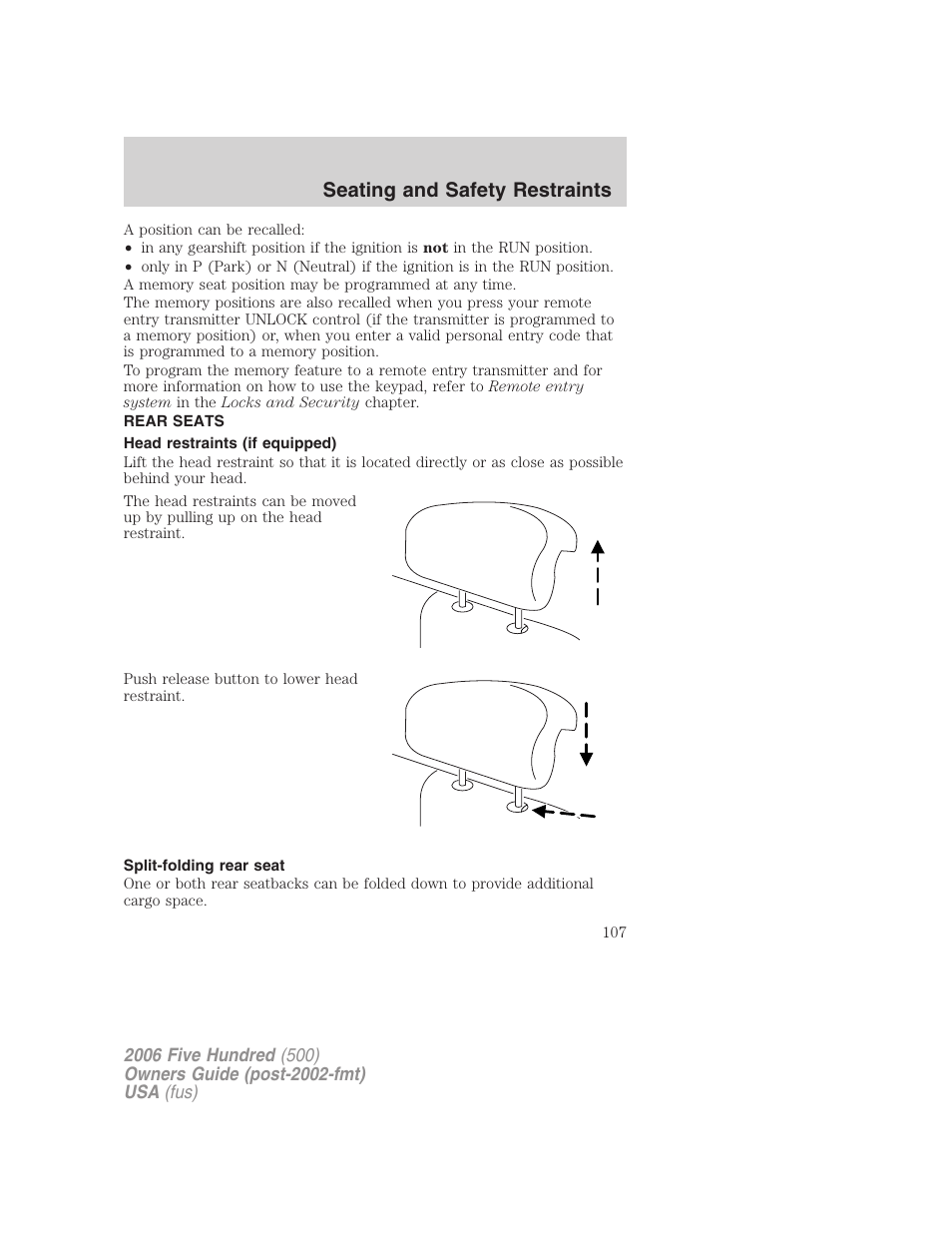 Rear seats, Head restraints (if equipped), Split-folding rear seat | Seating and safety restraints | FORD 2006 Five Hundred v.3 User Manual | Page 107 / 280