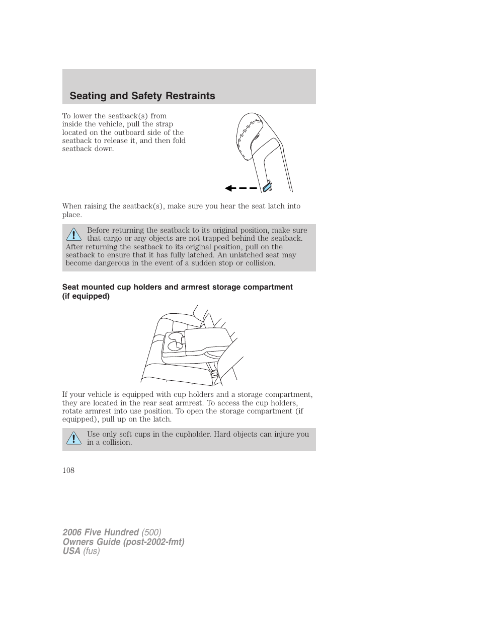 Seating and safety restraints | FORD 2006 Five Hundred v.3 User Manual | Page 108 / 280