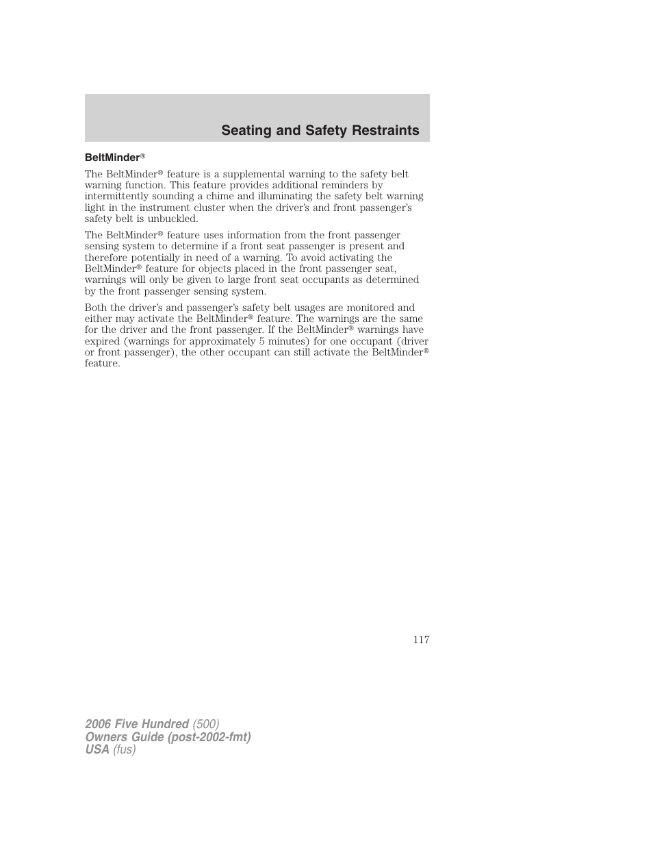 Beltminder, Seating and safety restraints | FORD 2006 Five Hundred v.3 User Manual | Page 117 / 280