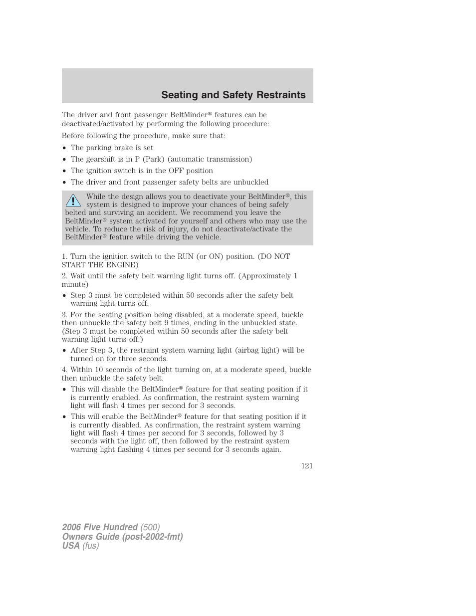 Seating and safety restraints | FORD 2006 Five Hundred v.3 User Manual | Page 121 / 280