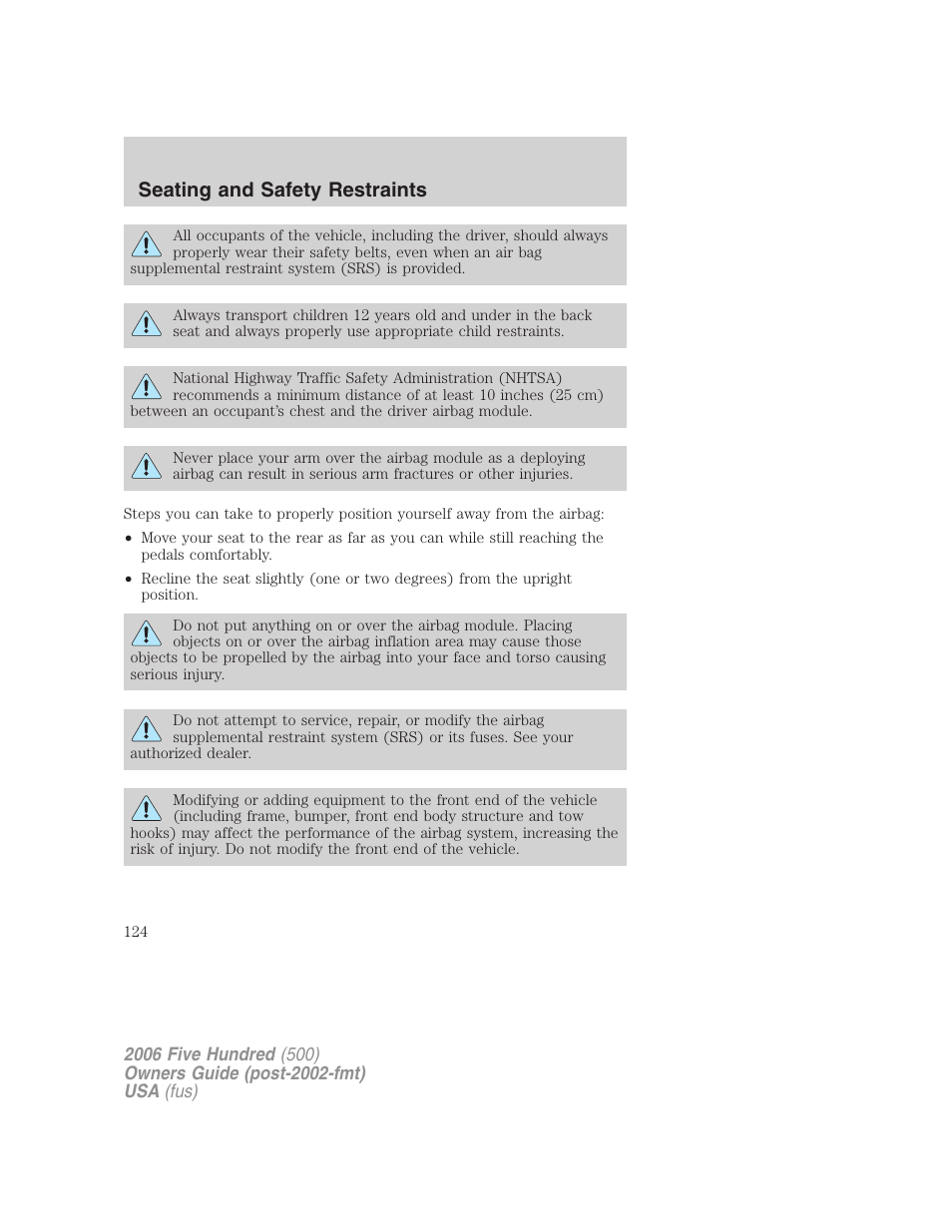 Seating and safety restraints | FORD 2006 Five Hundred v.3 User Manual | Page 124 / 280