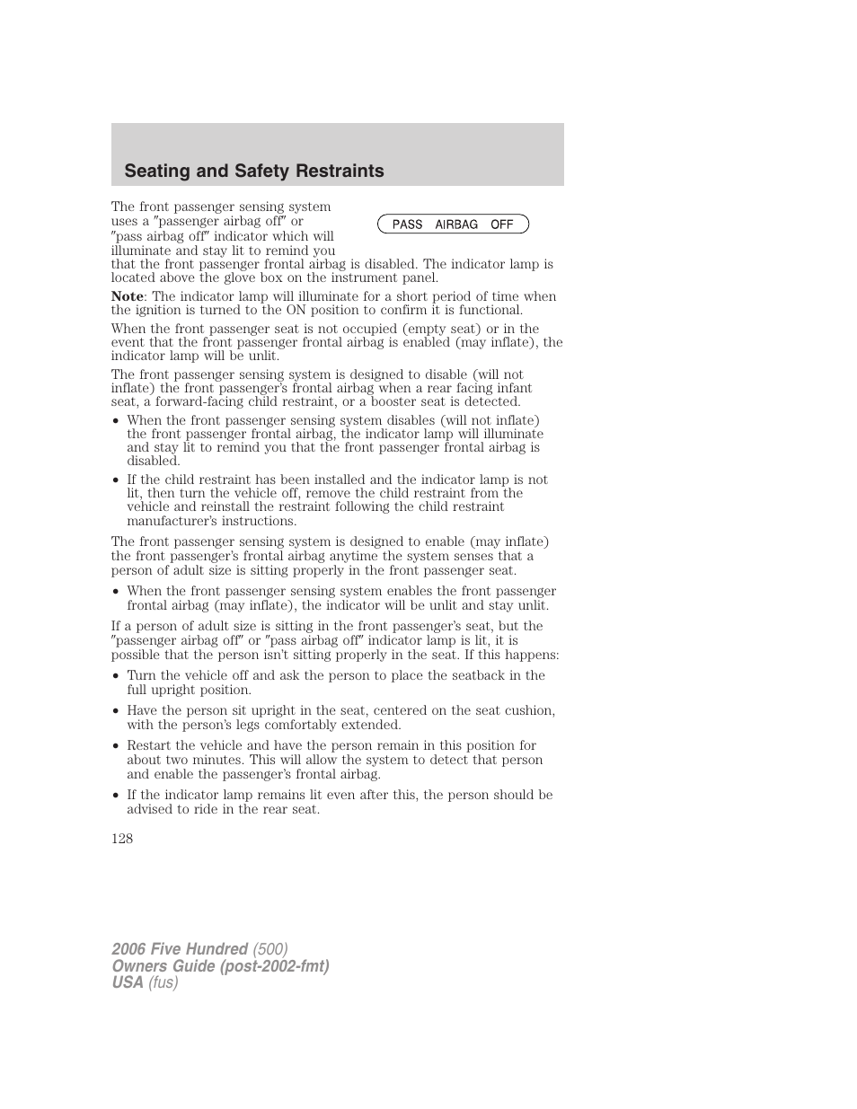 Seating and safety restraints | FORD 2006 Five Hundred v.3 User Manual | Page 128 / 280