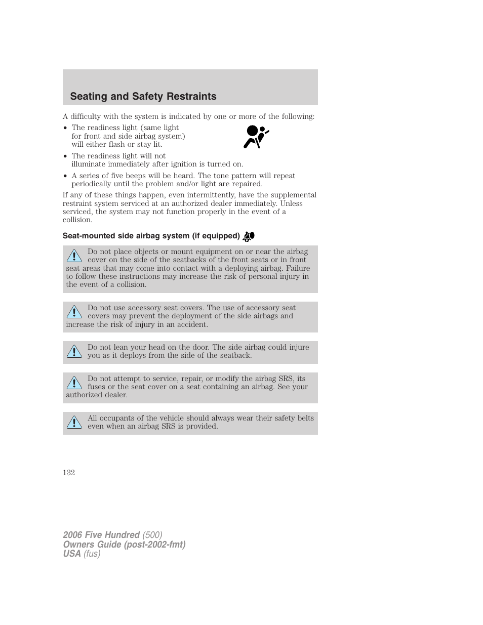 Seat-mounted side airbag system (if equipped), Seating and safety restraints | FORD 2006 Five Hundred v.3 User Manual | Page 132 / 280