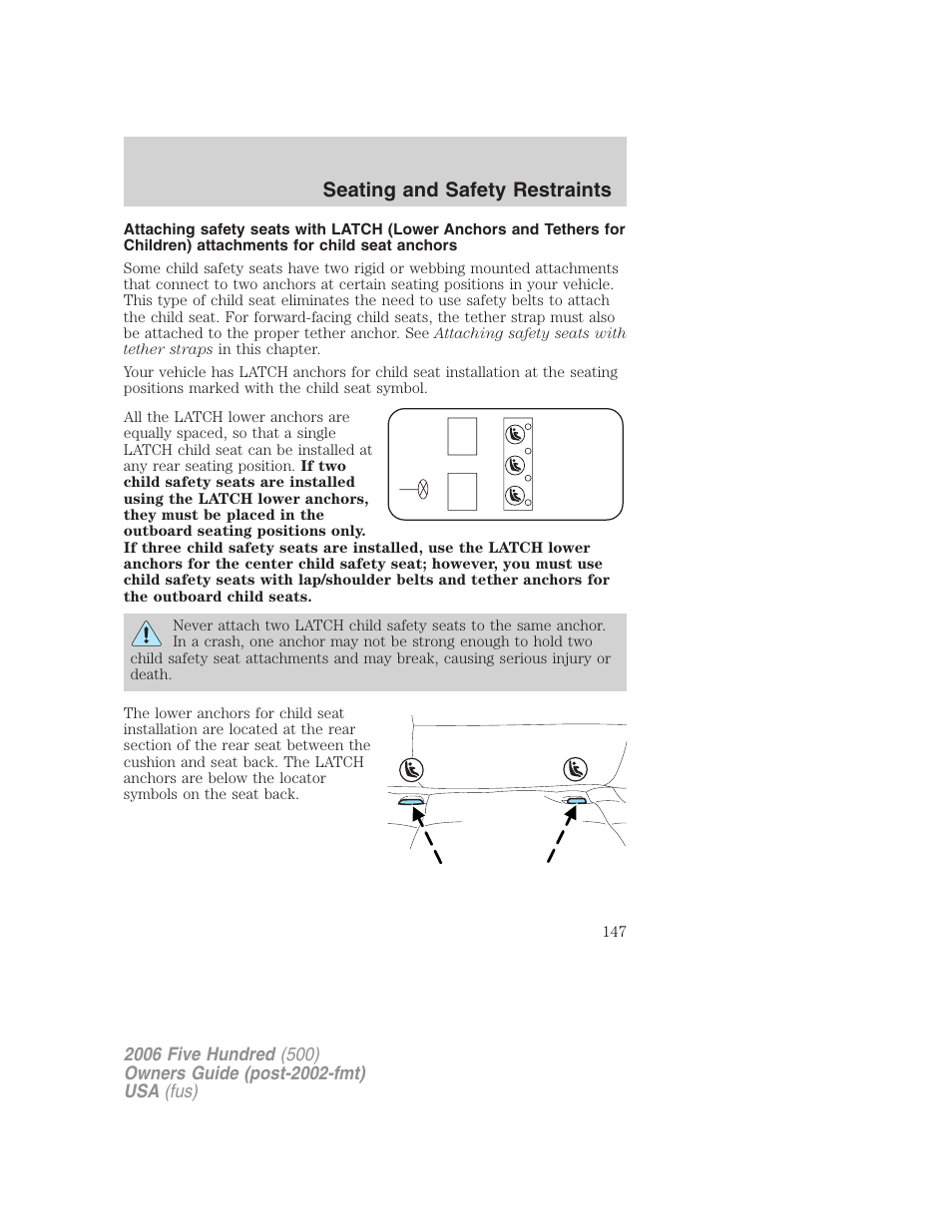 Seating and safety restraints | FORD 2006 Five Hundred v.3 User Manual | Page 147 / 280