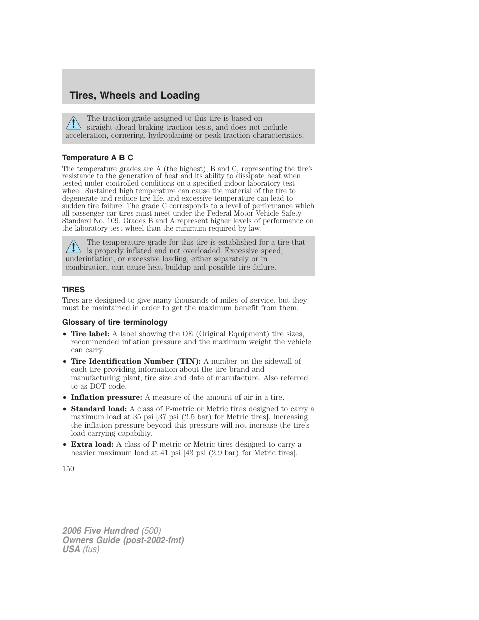 Temperature a b c, Tires, Glossary of tire terminology | Tires, wheels and loading | FORD 2006 Five Hundred v.3 User Manual | Page 150 / 280