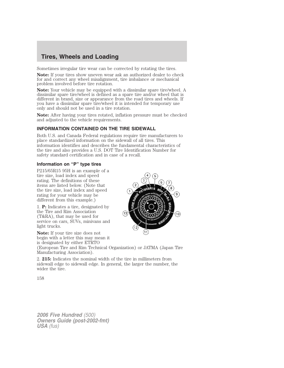 Information contained on the tire sidewall, Information on “p” type tires, Tires, wheels and loading | FORD 2006 Five Hundred v.3 User Manual | Page 158 / 280