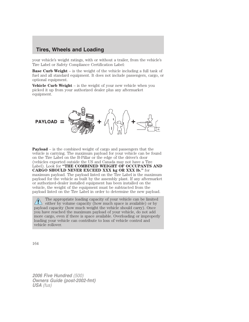 Tires, wheels and loading | FORD 2006 Five Hundred v.3 User Manual | Page 164 / 280