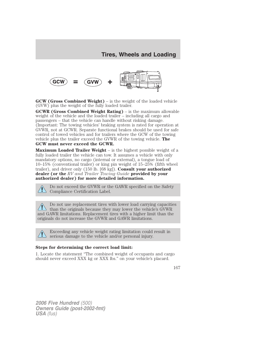 Tires, wheels and loading | FORD 2006 Five Hundred v.3 User Manual | Page 167 / 280