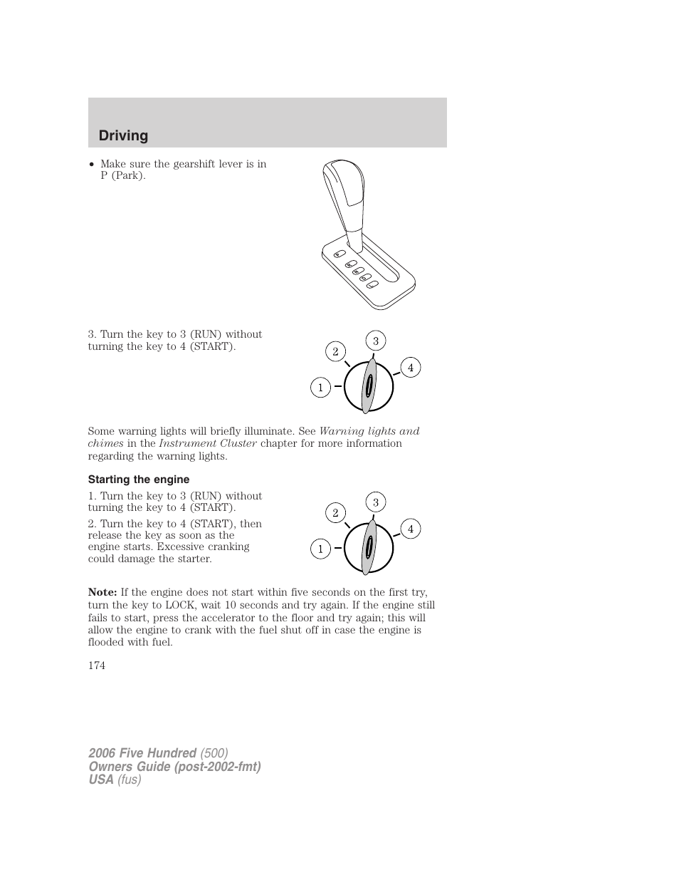 Starting the engine, Driving | FORD 2006 Five Hundred v.3 User Manual | Page 174 / 280