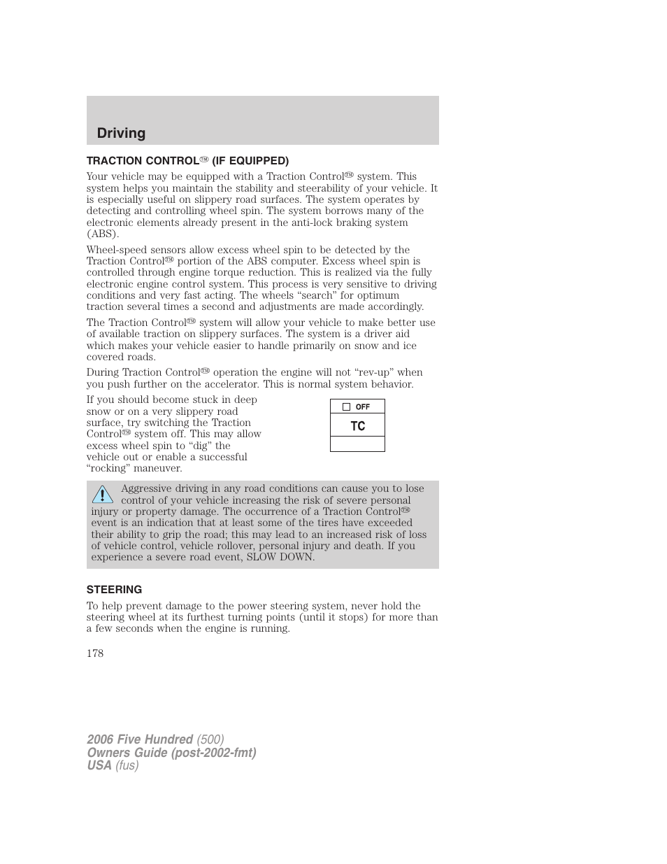 Traction control (if equipped), Steering, Traction control | Driving | FORD 2006 Five Hundred v.3 User Manual | Page 178 / 280