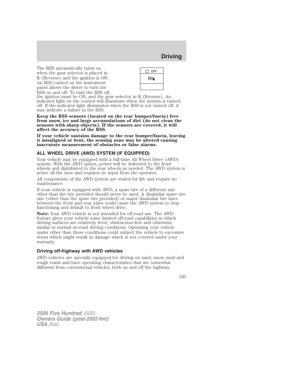 All wheel drive (awd) system (if equipped), Driving off-highway with awd vehicles, Driving | FORD 2006 Five Hundred v.3 User Manual | Page 185 / 280