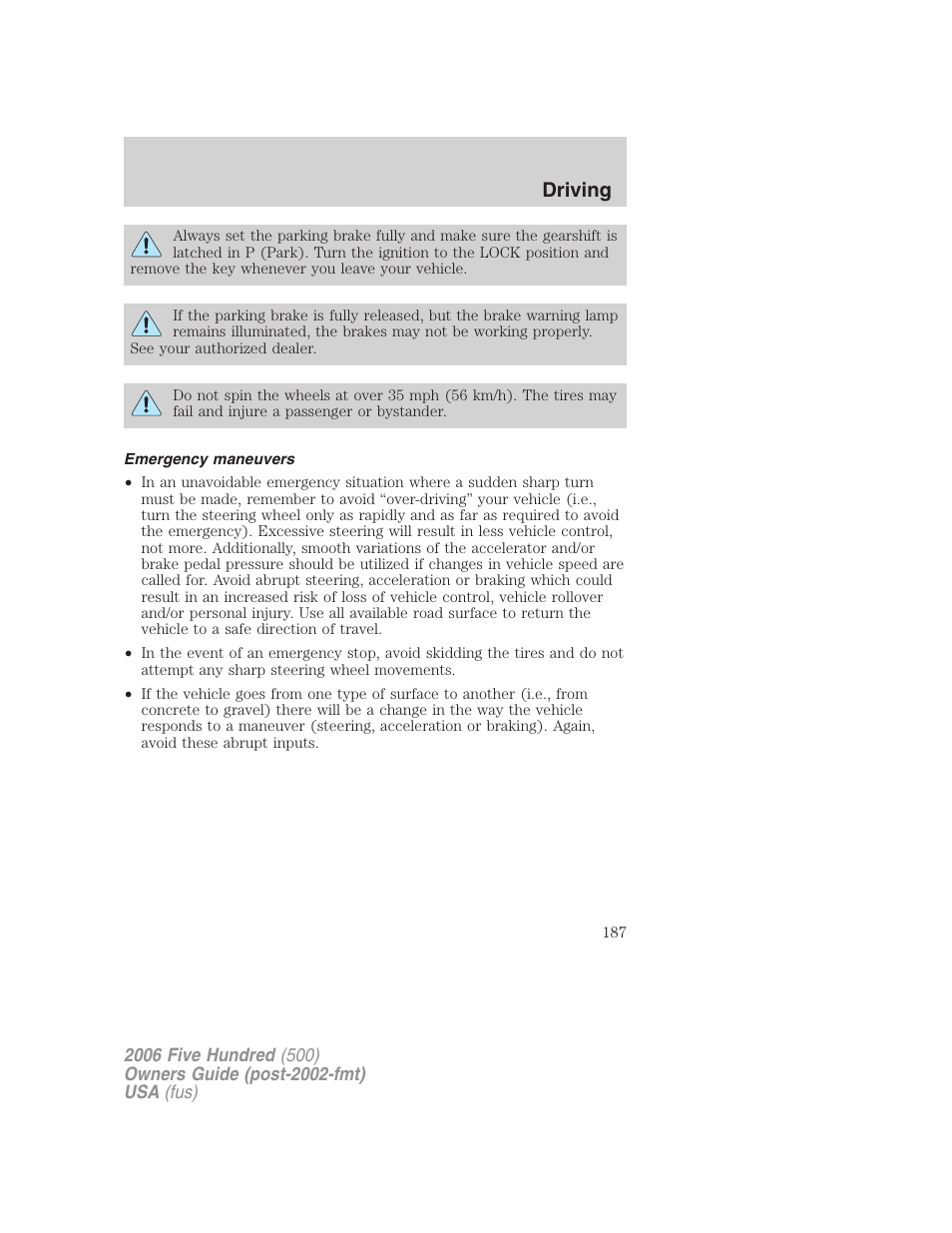 Emergency maneuvers, Driving | FORD 2006 Five Hundred v.3 User Manual | Page 187 / 280