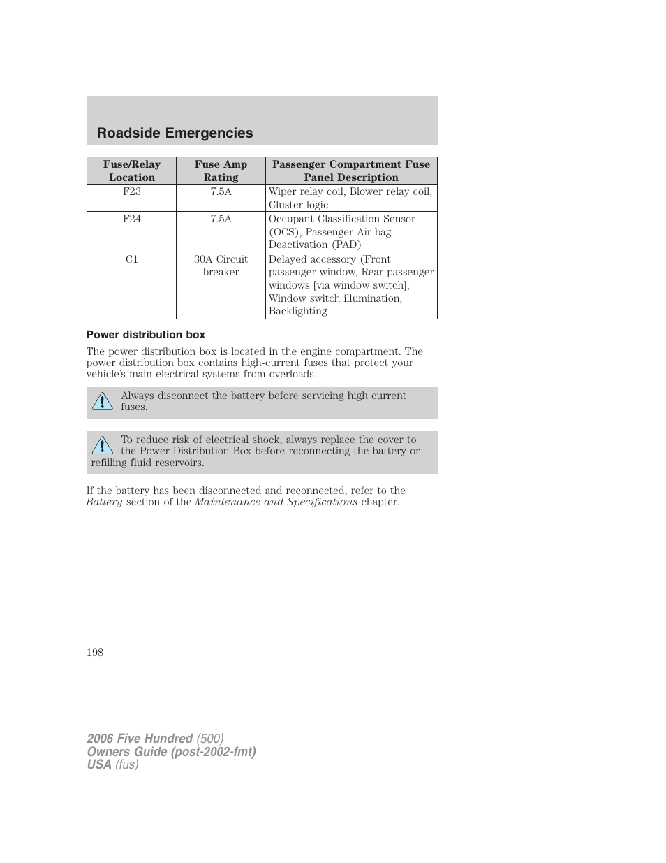 Power distribution box, Roadside emergencies | FORD 2006 Five Hundred v.3 User Manual | Page 198 / 280