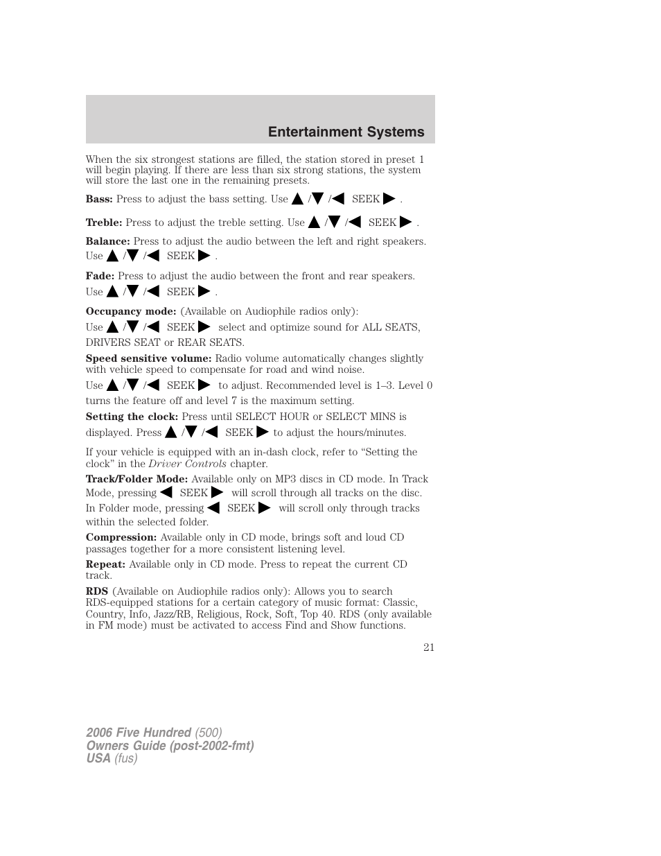Entertainment systems | FORD 2006 Five Hundred v.3 User Manual | Page 21 / 280