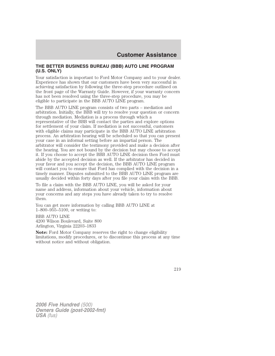 Customer assistance | FORD 2006 Five Hundred v.3 User Manual | Page 219 / 280
