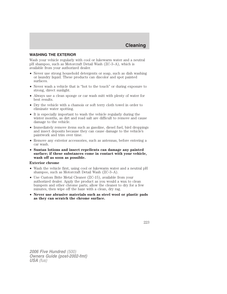 Cleaning, Washing the exterior | FORD 2006 Five Hundred v.3 User Manual | Page 223 / 280