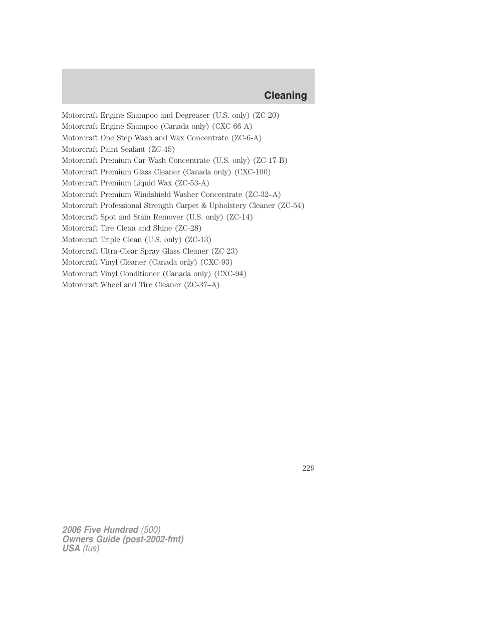 Cleaning | FORD 2006 Five Hundred v.3 User Manual | Page 229 / 280