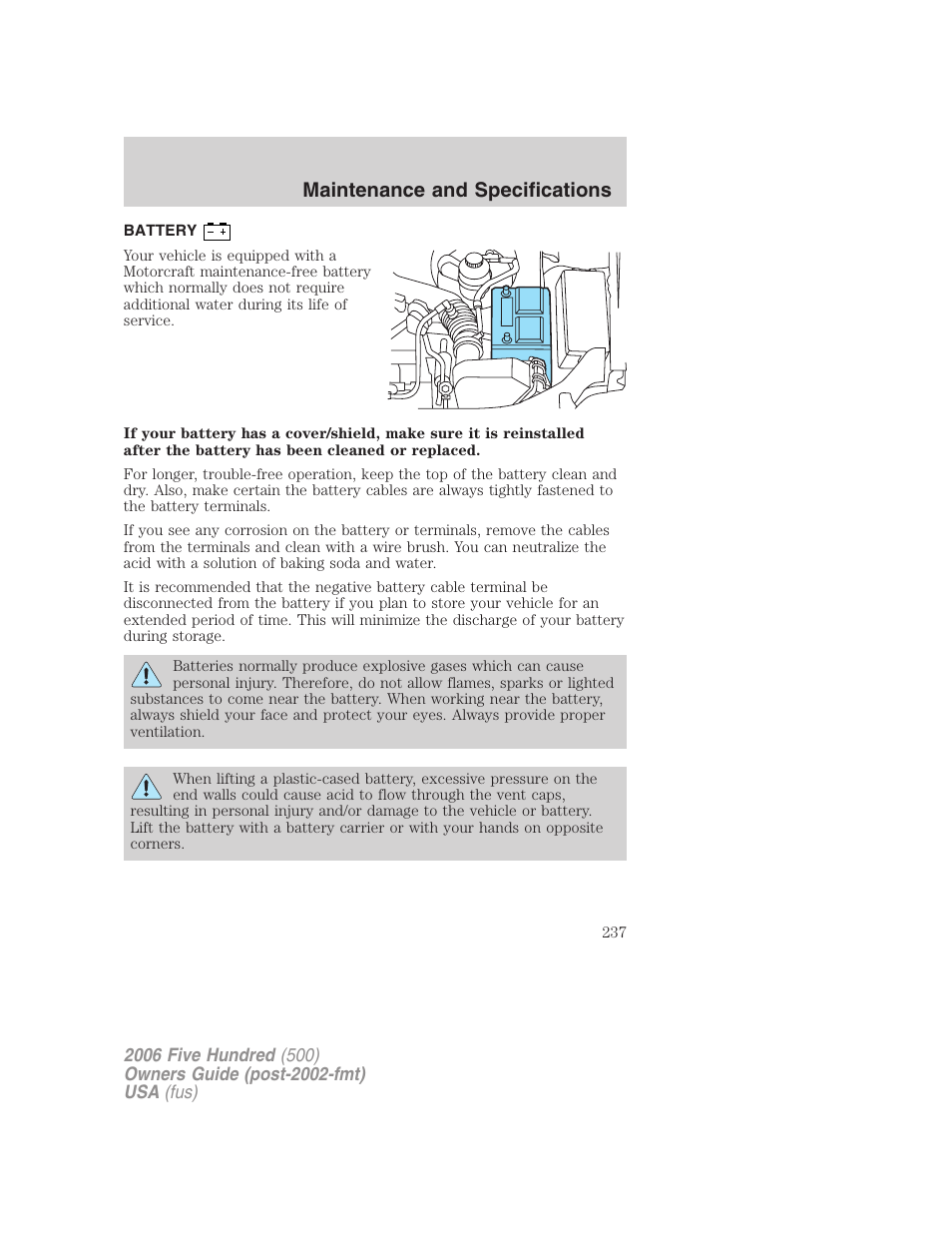 Battery, Maintenance and specifications | FORD 2006 Five Hundred v.3 User Manual | Page 237 / 280