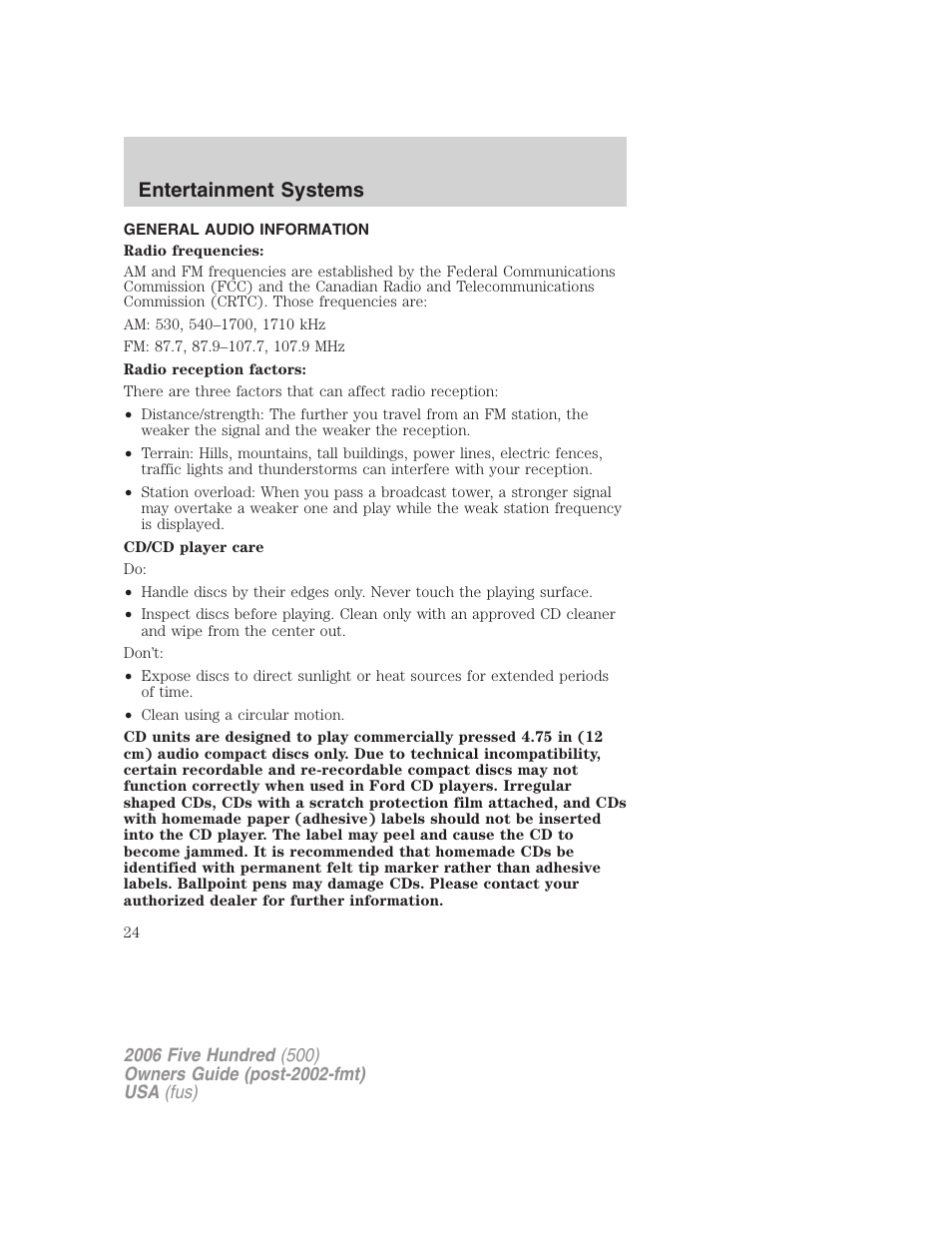 General audio information, Entertainment systems | FORD 2006 Five Hundred v.3 User Manual | Page 24 / 280