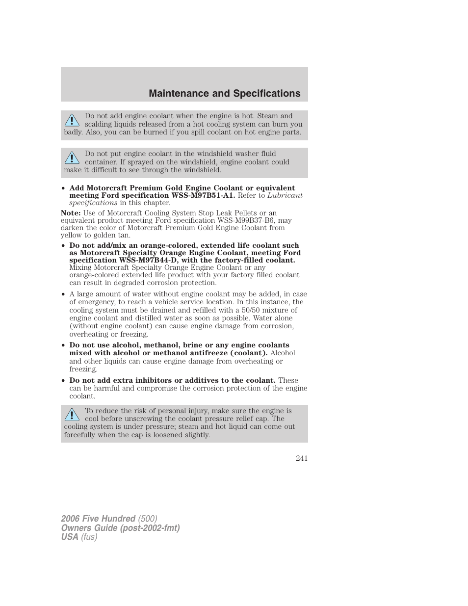 Maintenance and specifications | FORD 2006 Five Hundred v.3 User Manual | Page 241 / 280