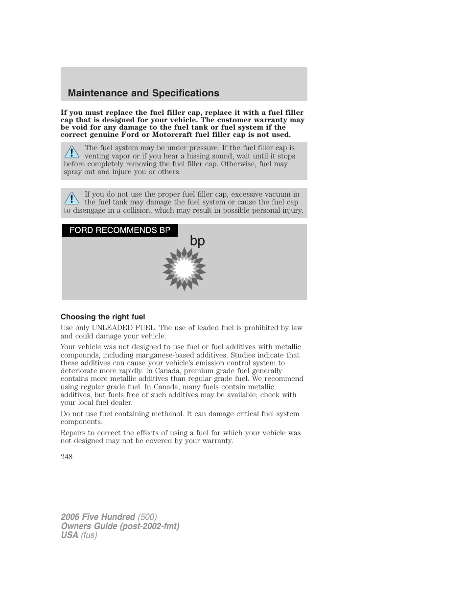 Choosing the right fuel, Maintenance and specifications | FORD 2006 Five Hundred v.3 User Manual | Page 248 / 280