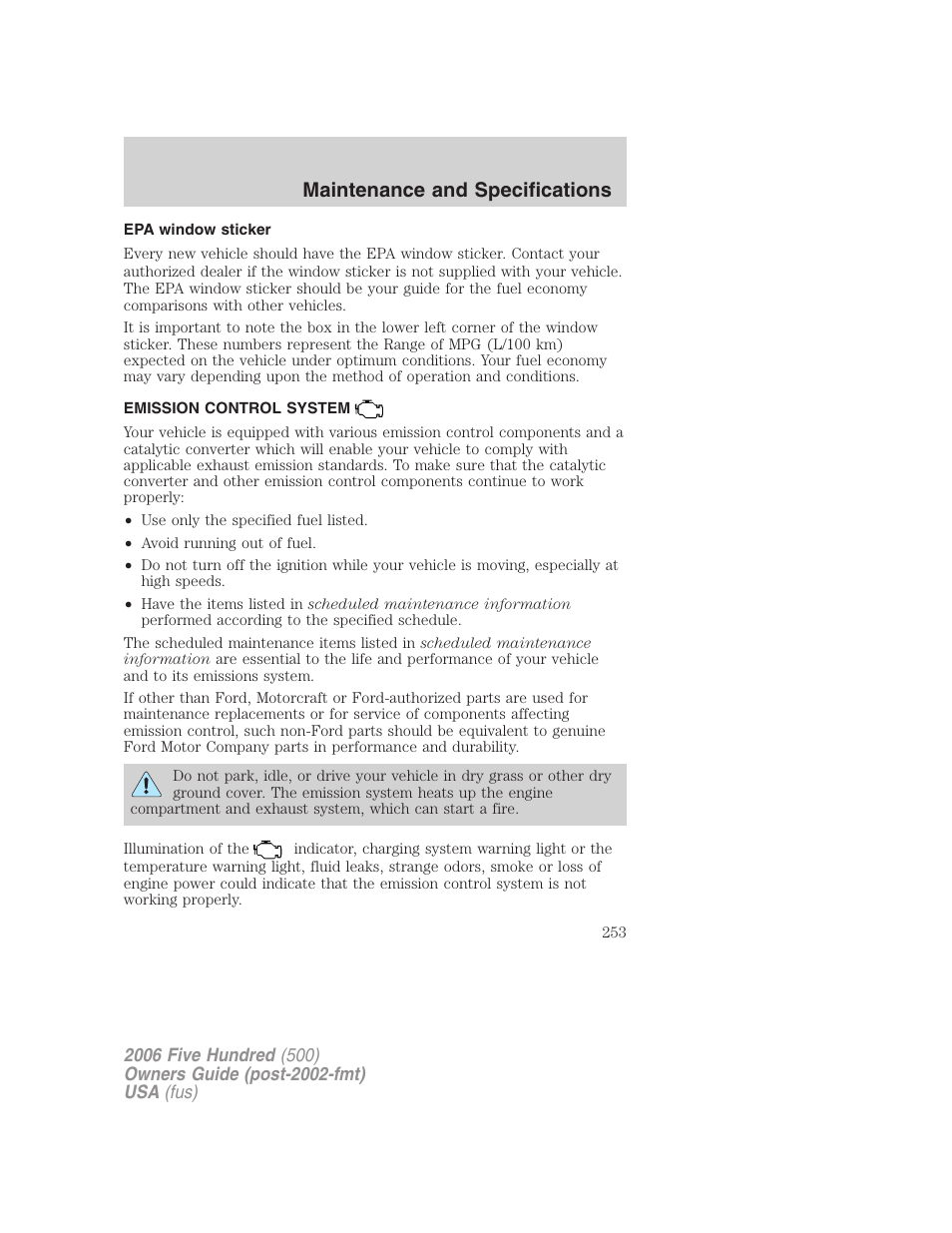 Epa window sticker, Emission control system, Maintenance and specifications | FORD 2006 Five Hundred v.3 User Manual | Page 253 / 280