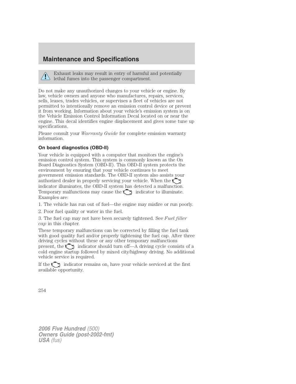 On board diagnostics (obd-ii), Maintenance and specifications | FORD 2006 Five Hundred v.3 User Manual | Page 254 / 280