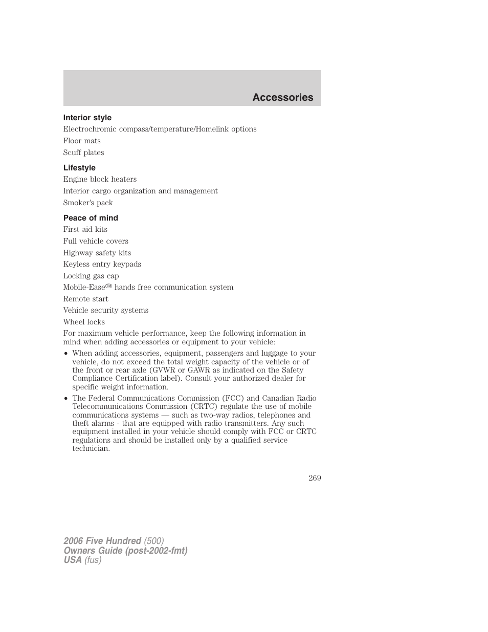 Interior style, Lifestyle, Peace of mind | Accessories | FORD 2006 Five Hundred v.3 User Manual | Page 269 / 280