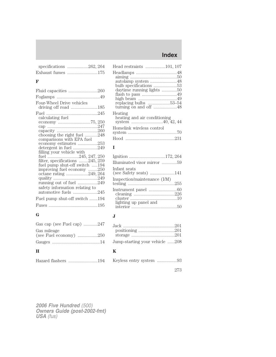 Index | FORD 2006 Five Hundred v.3 User Manual | Page 273 / 280