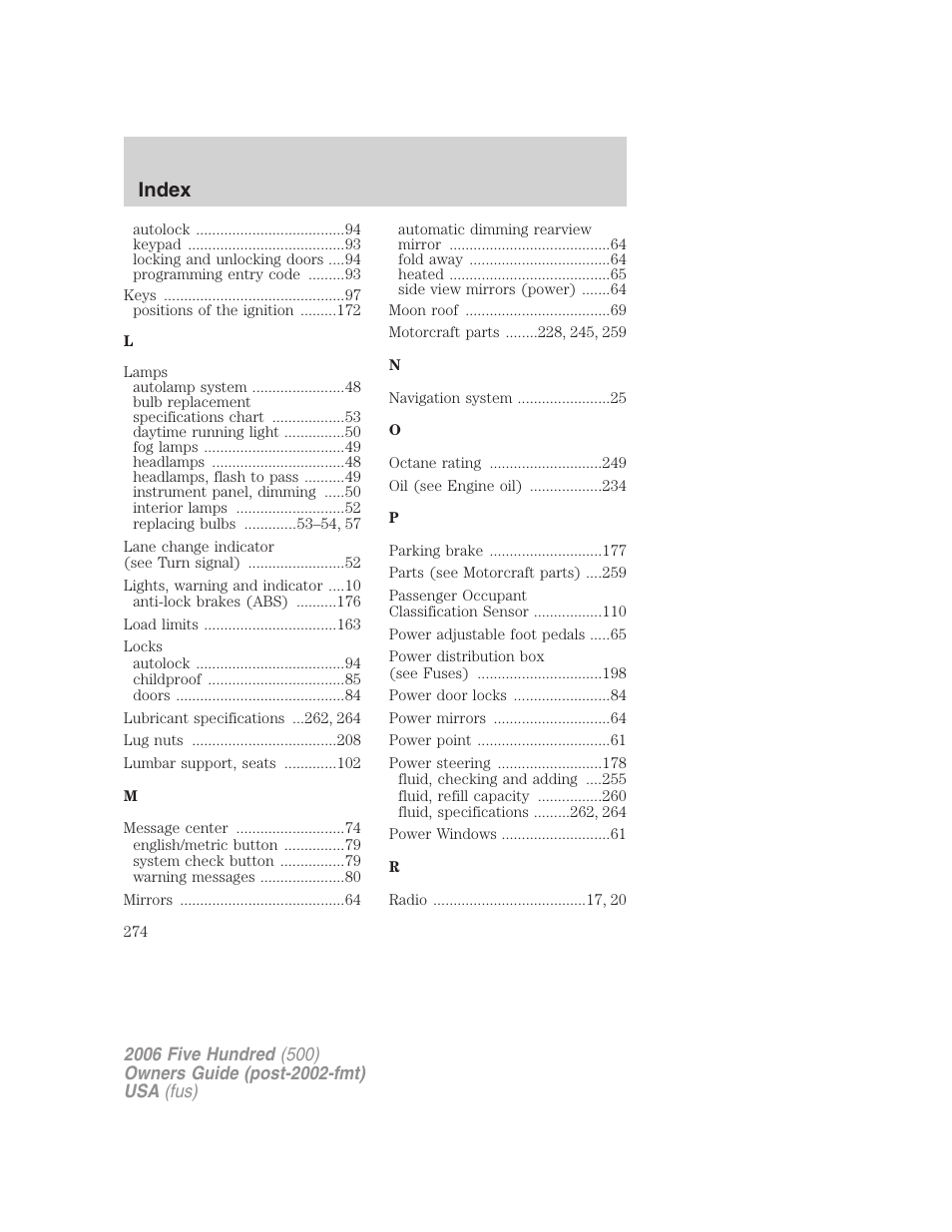 Index | FORD 2006 Five Hundred v.3 User Manual | Page 274 / 280