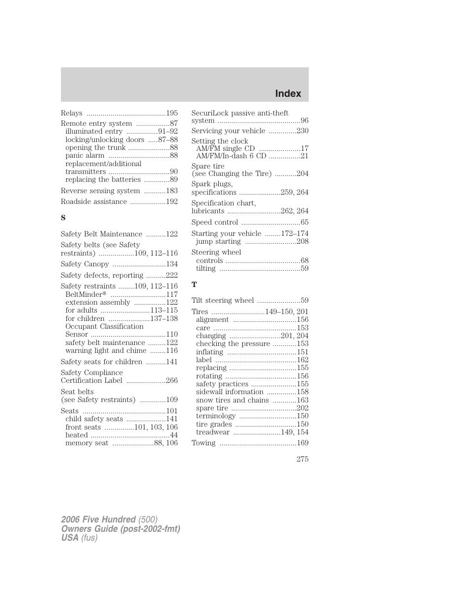 Index | FORD 2006 Five Hundred v.3 User Manual | Page 275 / 280