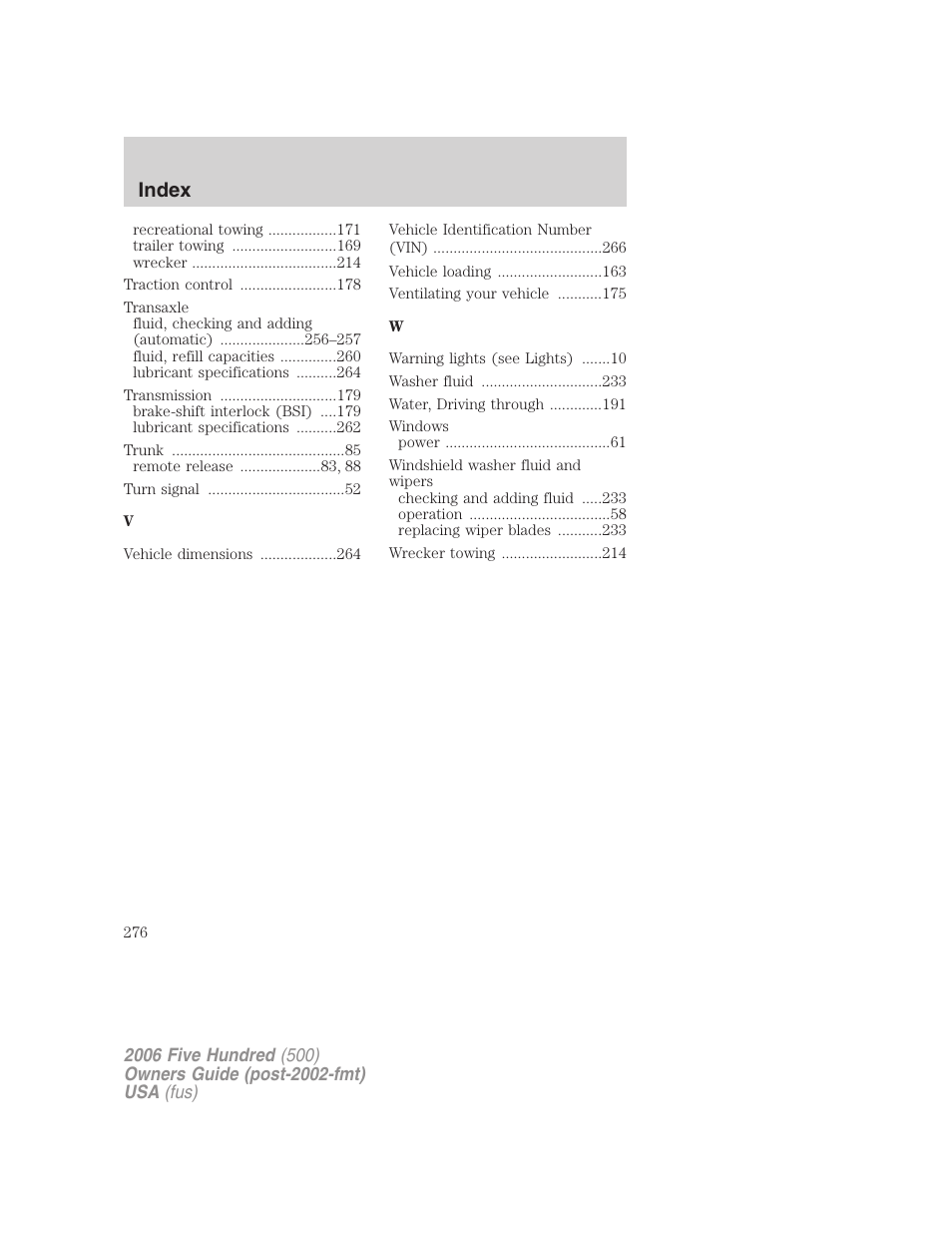 Index | FORD 2006 Five Hundred v.3 User Manual | Page 276 / 280