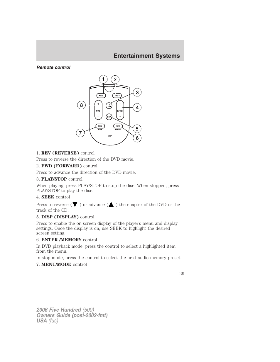 Remote control, Entertainment systems | FORD 2006 Five Hundred v.3 User Manual | Page 29 / 280