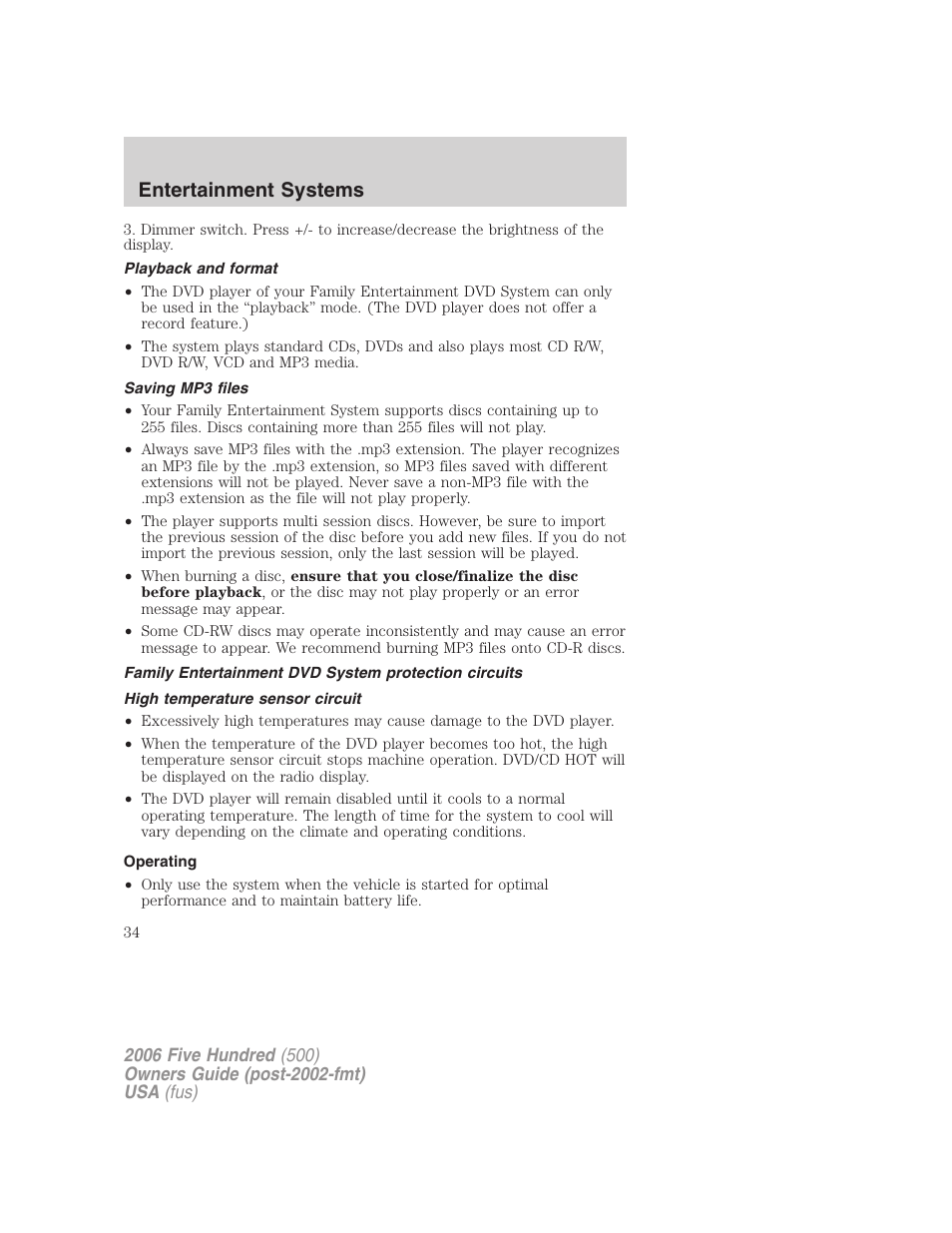 Playback and format, Saving mp3 files, High temperature sensor circuit | Operating, Entertainment systems | FORD 2006 Five Hundred v.3 User Manual | Page 34 / 280