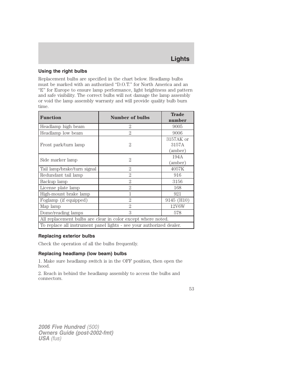 Using the right bulbs, Replacing exterior bulbs, Replacing headlamp (low beam) bulbs | Lights | FORD 2006 Five Hundred v.3 User Manual | Page 53 / 280