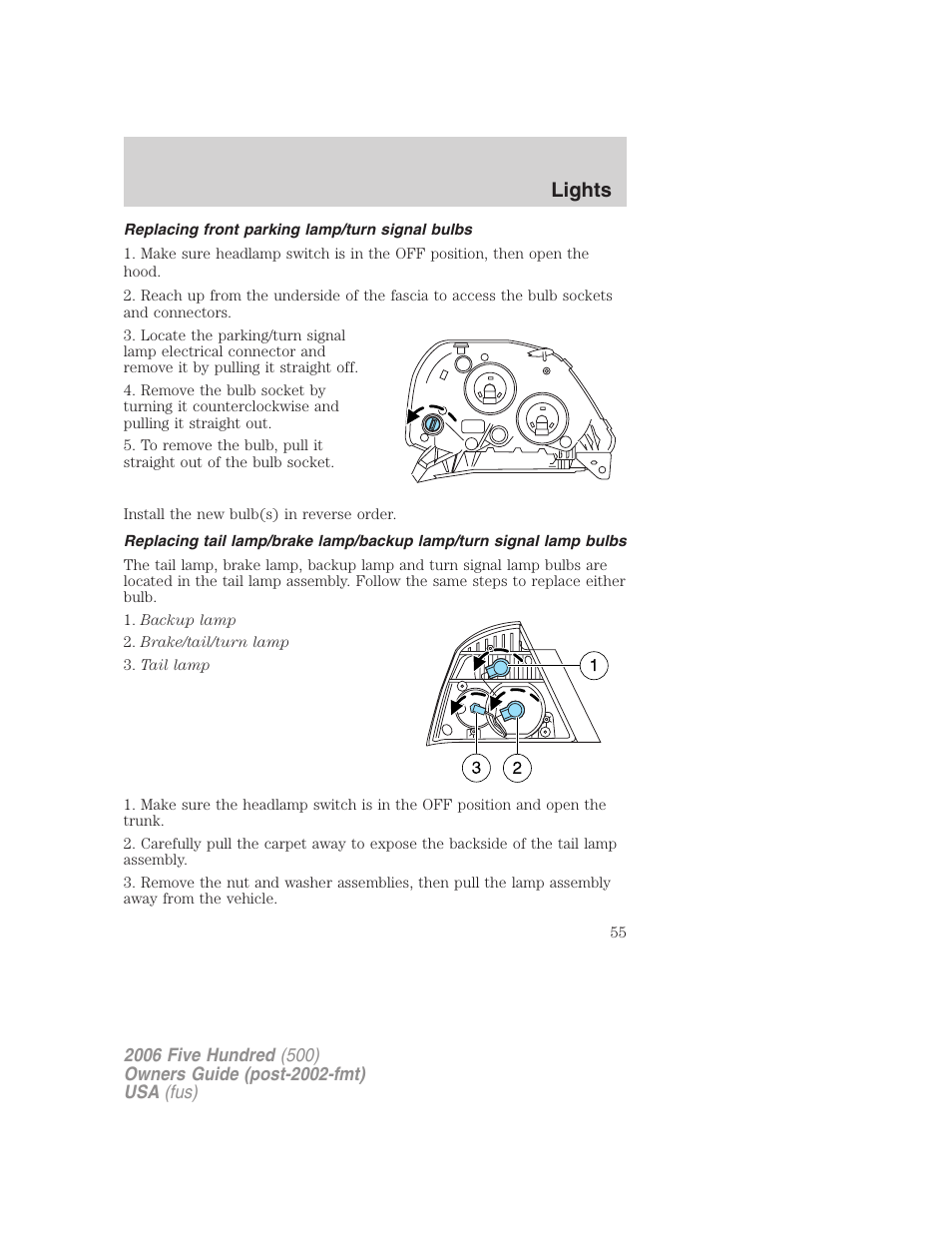 Replacing front parking lamp/turn signal bulbs, Lights | FORD 2006 Five Hundred v.3 User Manual | Page 55 / 280