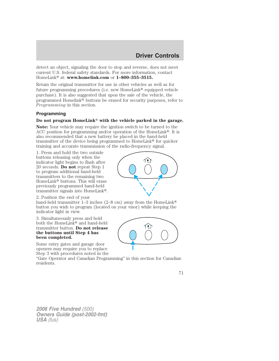 Programming, Driver controls | FORD 2006 Five Hundred v.3 User Manual | Page 71 / 280