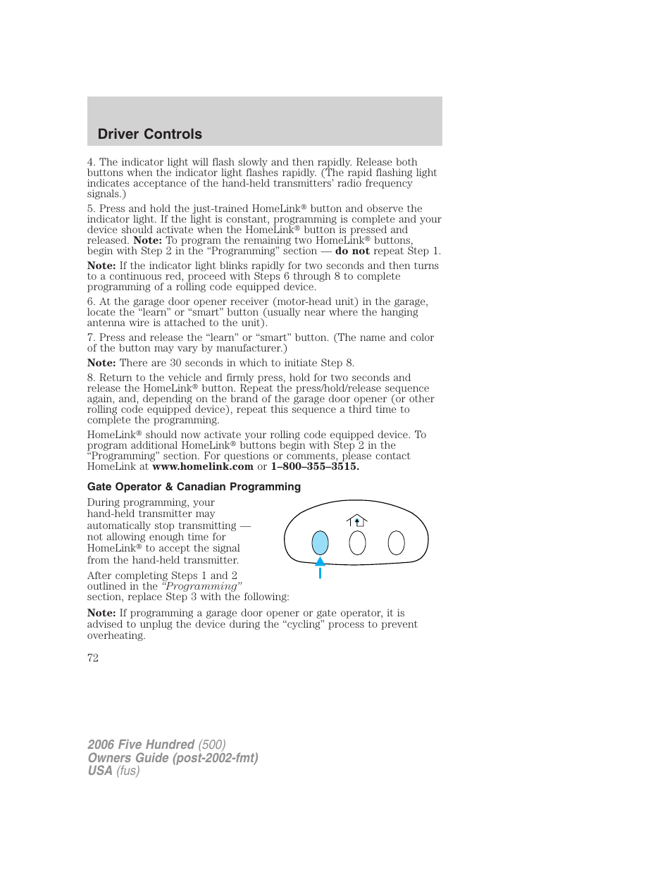 Gate operator & canadian programming, Driver controls | FORD 2006 Five Hundred v.3 User Manual | Page 72 / 280