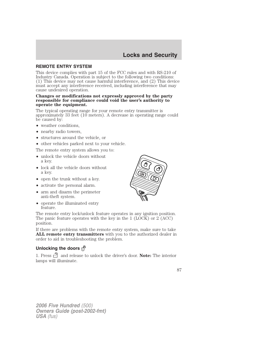 Remote entry system, Unlocking the doors, Locks and security | FORD 2006 Five Hundred v.3 User Manual | Page 87 / 280